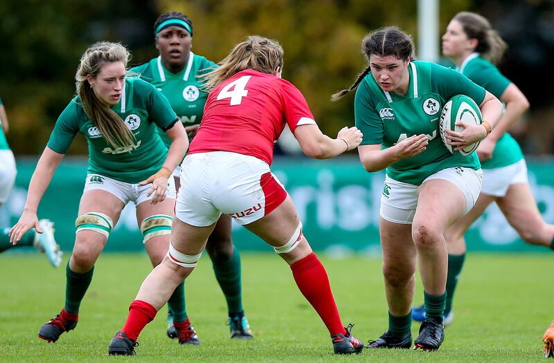 Judy Bobbett carries into contact when playing for Ireland against Wales. Photograph: Tommy Dickson/Inpho