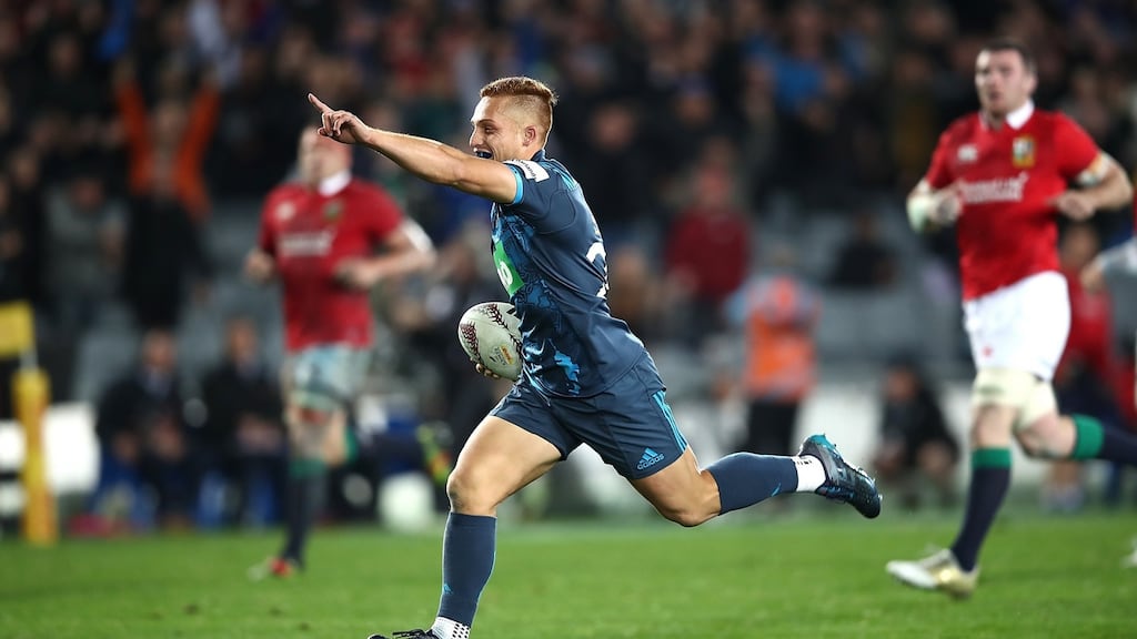 Ihaia West of the Blues celebates as he runs in to score a try during their win over the British and Irish Lions at Eden Park in Auckland, New Zealand. Photo: Phil Walter/Getty Images