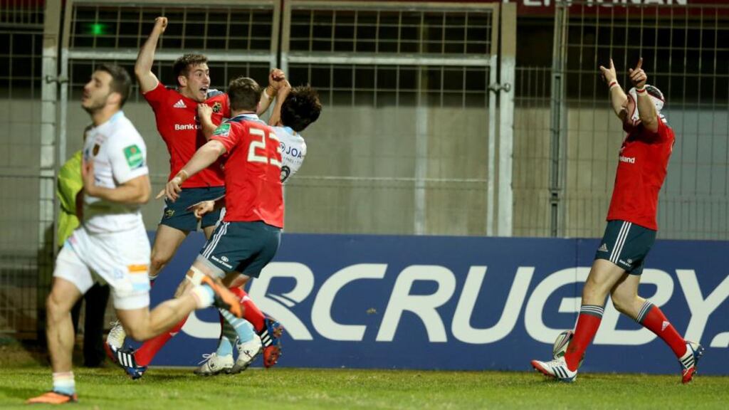 Munster’s JJ Hanrahan celebrates his winning try on Saturday. Photograph: Dan Sheridan/Inpho
