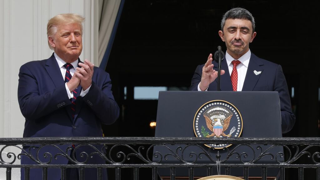UAE foreign minister Abdullah bin Zayed Nahyan speaks as then US president Donald Trump looks on during the signing ceremony of the Abraham Accords on the south lawn of the White House last September. Photograph: Alex Wong/Getty Images