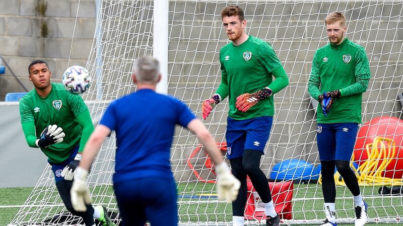 Gavin Bazunu with fellow Irish goalkeepers Mark Travers and Caoimhin Kelleher during a training session in Andorra. Photograph: Bagu Blanco/Inpho