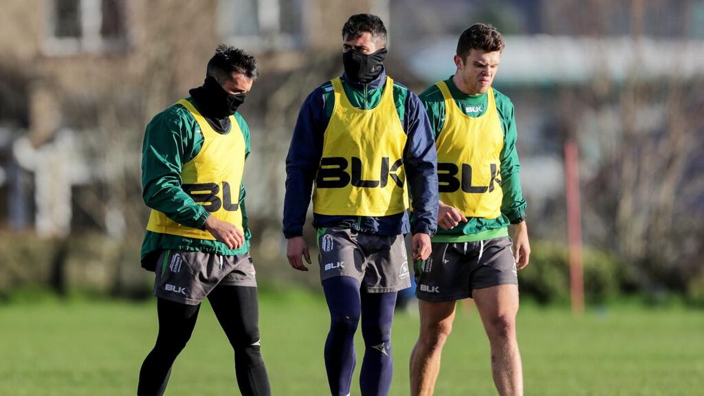 Cian Kelleher, Tiernan O’Halloran and Tom Farrell during Connacht training at the Sportsground. Photograph: Laszlo Geczo/Inpho