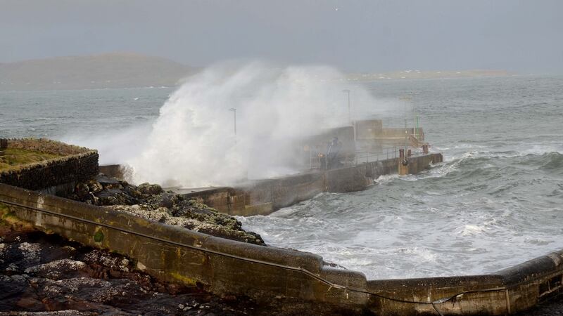 High seas smash into Roonagh Pier, Mayo, driven by high winds as Storm Lorenzo approaches. Photograph: Paul Mealey