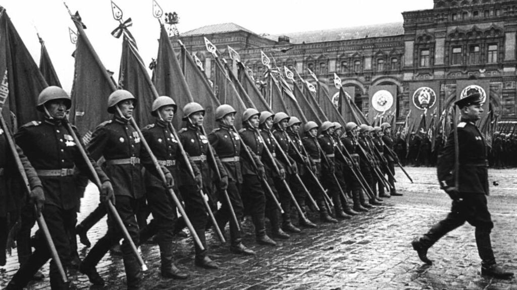 ‘The Bagration campaign, (which started in June 1944) also saw a further hardening of the attitudes between the combatants on the eastern front. The scene was set for the merciless campaigns of 1945, culminating in the brutal battle of Berlin.’ Above, Soviet soldiers marching in Red Square, Moscow during a victory parade on June 24th, 1945. Photograph: Stringer/AFP/Getty Images