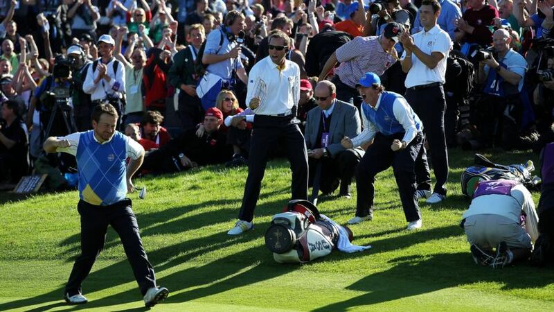Graeme McDowell of Europe celebrates his birdie putt on the 16th green in the singles matches during the 2010 Ryder Cup at the Celtic Manor Resort on October 4, 2010 in Newport, Wales. Photograph: Jamie Squire/Getty Images