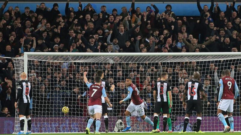Aston Villa’s Anwar El Ghazi scores his side’s second against Newcastle. Photograph: Lindsey Parnaby/AFP/Getty