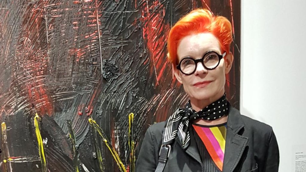 Costume designer Sandy Powell in front of a Derek Jarman painting at IMMA. Photo Deirdre McQuillan
