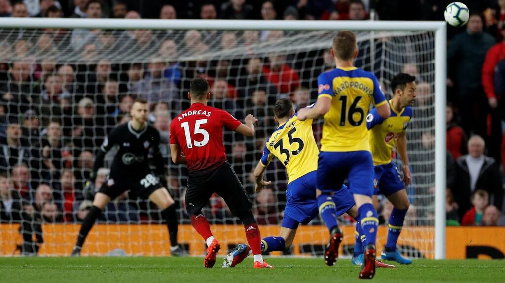 Manchester United’s Andreas Pereira scores his side’a first goal in their 3-2 win over Southampton at Old Trafford. Photograph: Rui Vieira/EPA