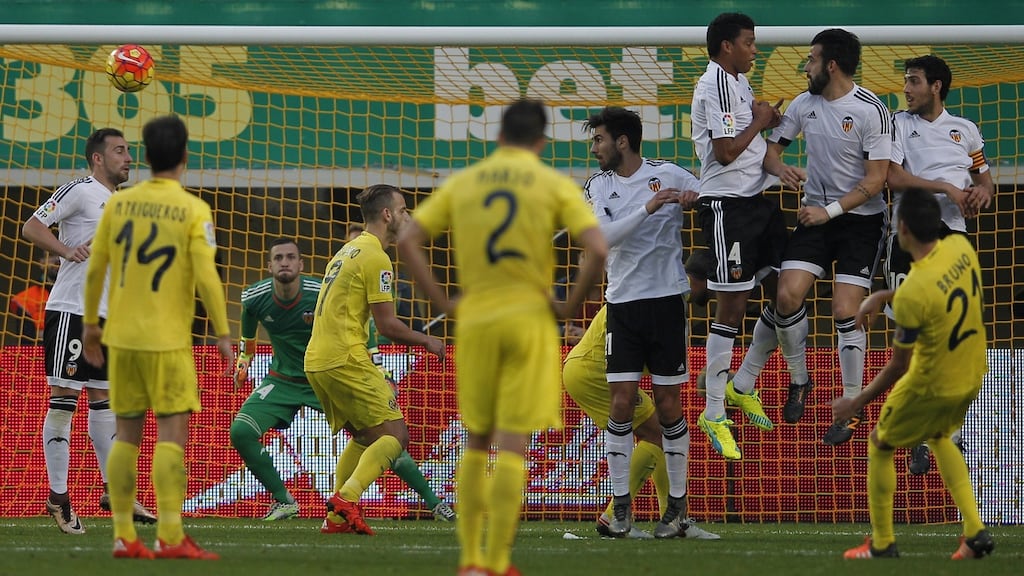 Villarreal midfielder Bruno Soriano fires home a free kick to give his side a 1-0 win over Gary Neville’s Valencia in La Liga. Photo: Jose Jordan/Getty Images