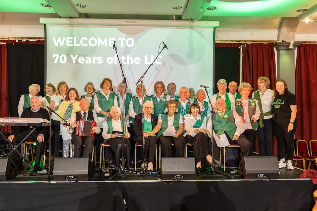 The Pensioners Choir performs at the 70th anniversary of the London Irish Centre, Camden. In the front row, in dark cardigan, is Sally Mulready, campaigner for the Birmingham Six