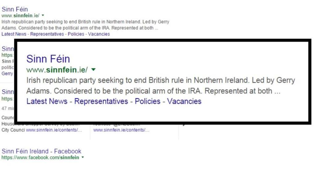 The Google snippet of the official Sinn Féin website. Photograph: Google