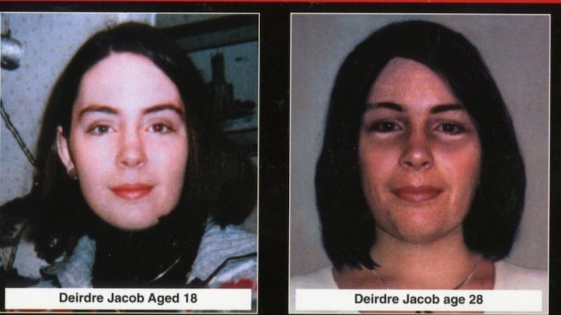 A photograph showing Deirdre Jacob aged 18 (left) and an image showing what she may look like aged 28.