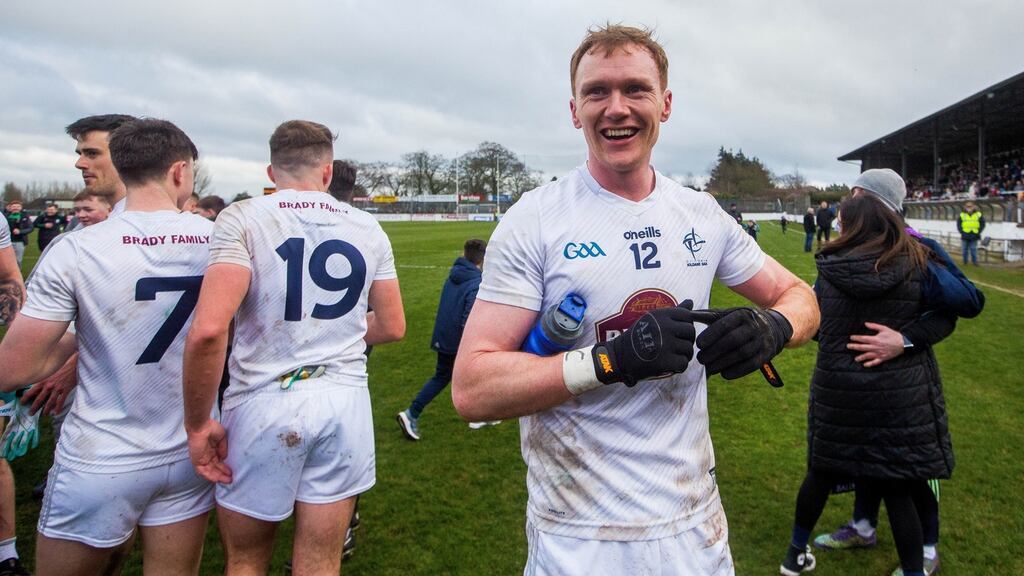 Kildare’s Paul Cribbin celebrates after the victory over Dublin in the league clash at St Conleth’s Park, Newbridge. Photograph: Ryan Byrne/Inpho