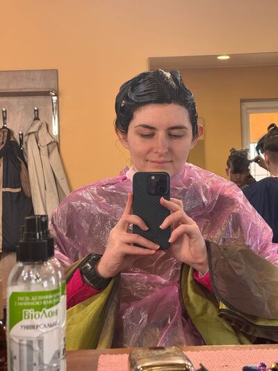 Saying goodbye to blue hair, in the hairdresser's salon in Kyiv. Photograph: Yulia Mykytenko