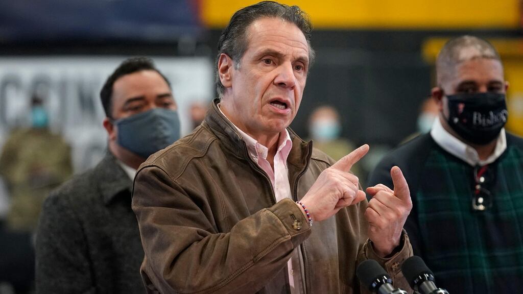 New York governor Andrew Cuomo says he has ‘never made advances toward Ms Bennett, nor did I ever intend to act in any way that was inappropriate’. Photograph: Seth Wenig/POOL/AFP via Getty Images