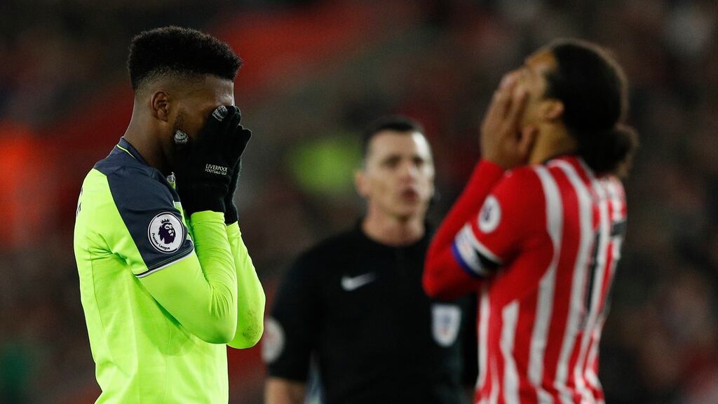 Liverpool’s Daniel Sturridge and Southampton’s Virgil van Dijk react during their EFL Cup semi-final clash. Photo: John Sibley/Reuters