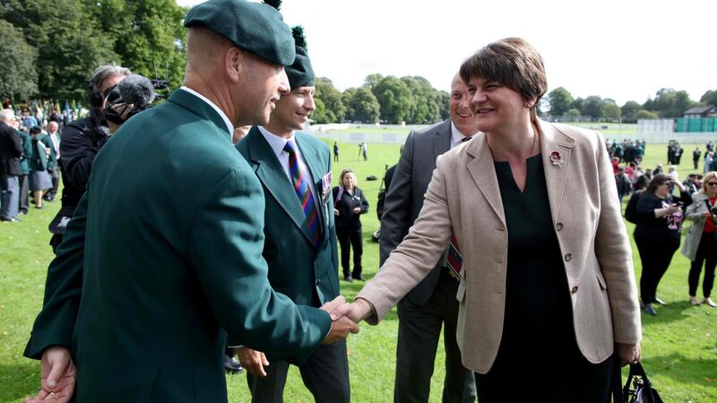 DUP Leader Arlene Foster meets veterans at a memorial event organised by the Northern Ireland Veterans Association in Lisburn to mark the 50th anniversary of the start of Operation Banner, the arrival of British troops on to the streets of Northern Ireland in 1969. Photograph:  Paul Faith/AFP/Getty