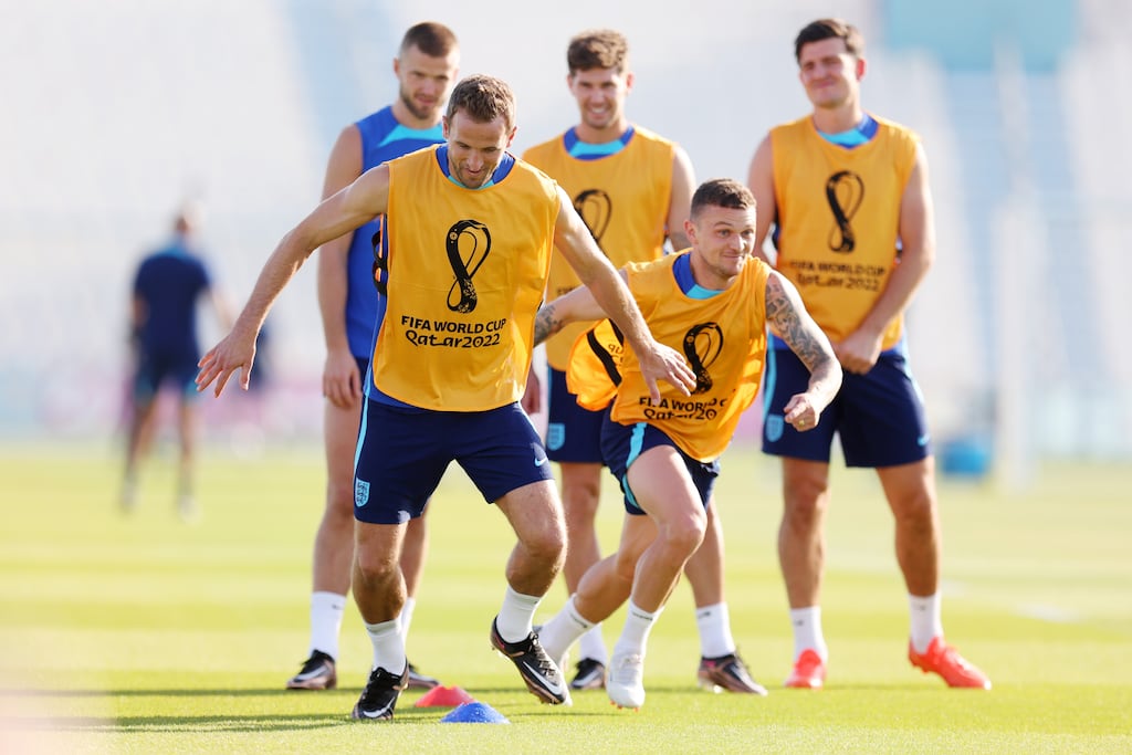 England captain Harry Kane takes part in training at Al Wakrah SC Stadium on Thursday. Photograph: Alex Pantling/Getty Images