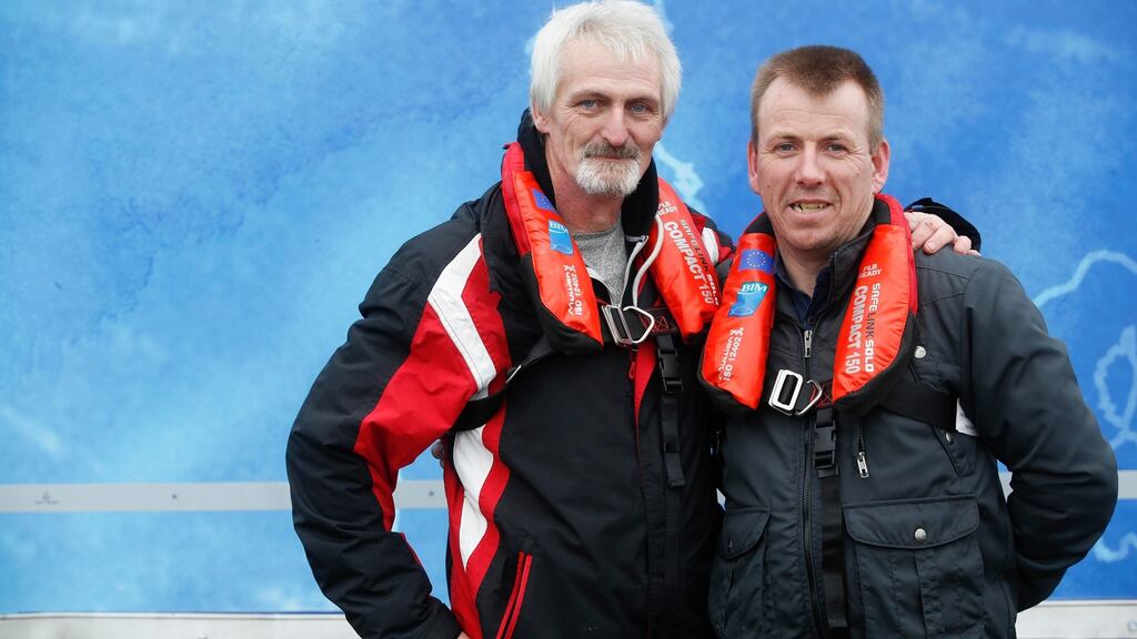 Wicklow fishermen Gerald Copeland and David Massey, two of the three crew on the MFV Lavicca, at the launch of BIM’s Live to Tell the Tale safety campaign at Howth Pier in Dublin. Photograph: Conor McCabe Photography