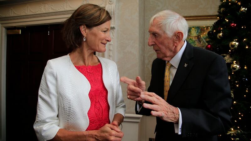 Pictured are Sonia O’Sullivan – winner of the outstanding achievement award – and Ronnie Delany at The Irish Times/Sport Ireland Sportswoman of the Year awards for 2016. Photo: Nick Bradshaw/The Irish Times