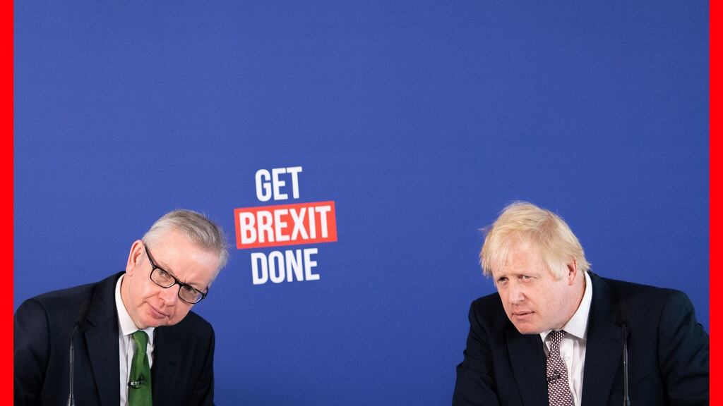 British prime minister Boris Johnson (R) and chancellor of the duchy of Lancaster Michael Gove speak during an election campaign event in Millbank Tower, London. Photograph: Dominic Lipinski/PA Wire