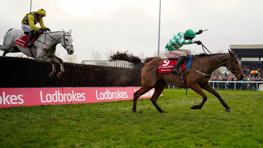 Danny Mullins riding Tornado Flyer to win the Ladbrokes King George VI Chase at Kempton Park. Photograph: Alan Crowhurst/Getty Images