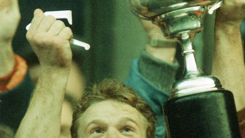 Wicklow captain breaks a handle off the cup after their All-Ireland B Final victory over Antrim at Páirc Tailteann in Navan in 1992. Photograph: James Meehan/Inpho
