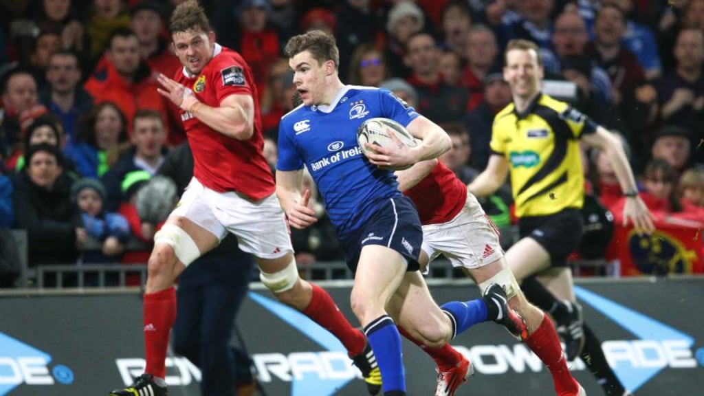 Leinster centre Garry Ringrose makes the break for Isa Nacewa’s early try in the Guinness Pro12 game at Thomond park. Photograph: Billy Stickland/Inpho