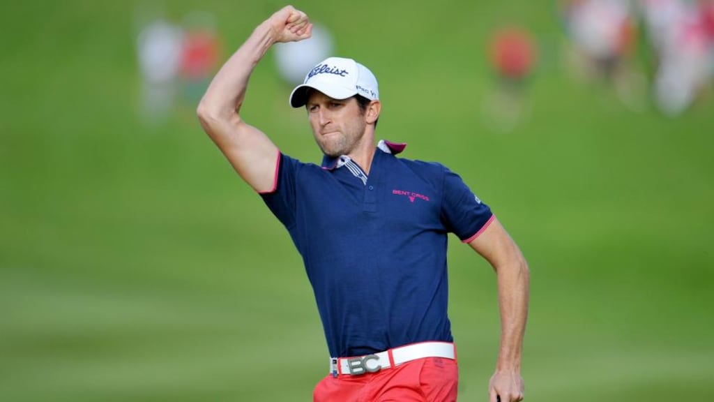 France’s Gregory Bourdy celebrates a birdie on the 18th to win the Wales Open at Celtic Manor. Photograph: Tim Ireland/PA.