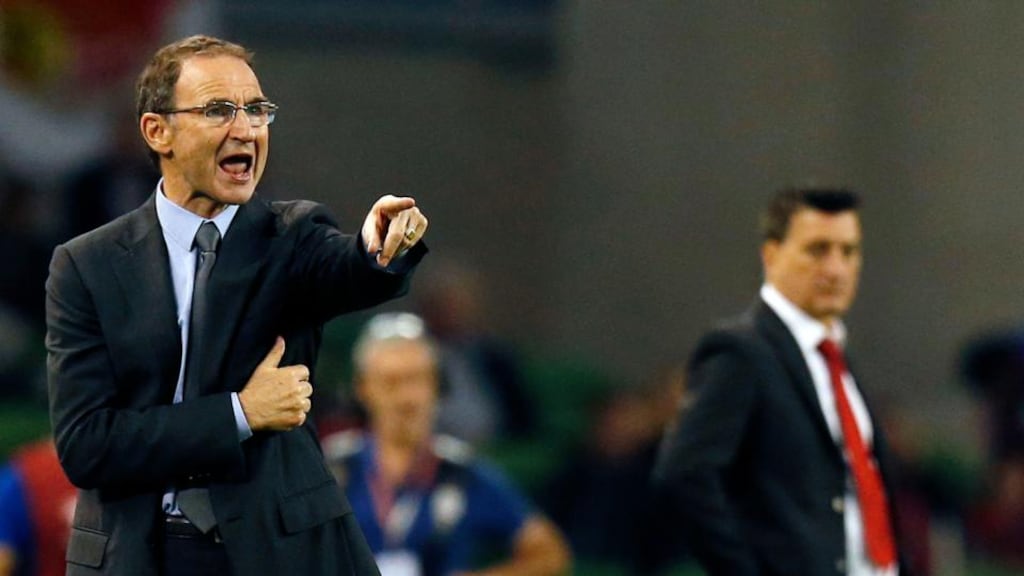 Ireland’s manager Martin O’Neill shouts instructions to his players against Gibraltar. Photograph: Cathal McNaughton/Reuters