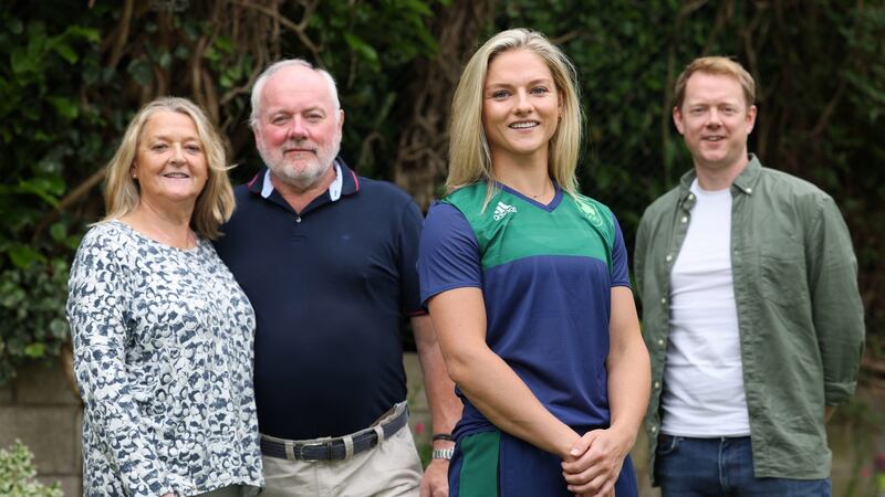 Chloe Watkins, Irish Hockey international player pictured with her parents Pascal and Gordon and brother Gareth at home in Killiney, Dublin before she departed for the Olympic games. Photograph: Dara Mac Dónaill/The Irish Times