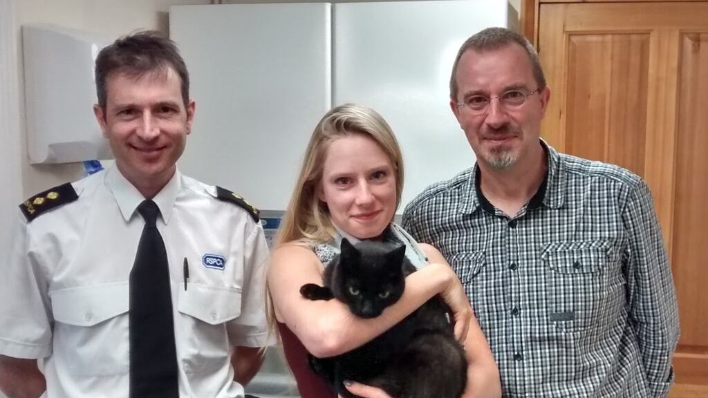 Gizmo is seen with RSPCA inspector Andy Eddy, Milene Letertre and Milene’s dad Stephane Letertre. Photograph: RSPCA