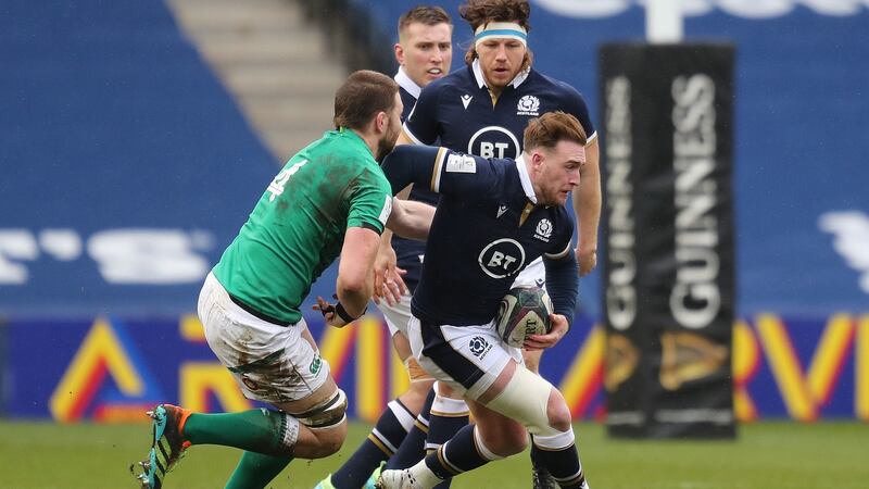 Iain Henderson tackles Stuart Hogg during Ireland’s win over Scotland. Photograph: Jane Barlow/PA