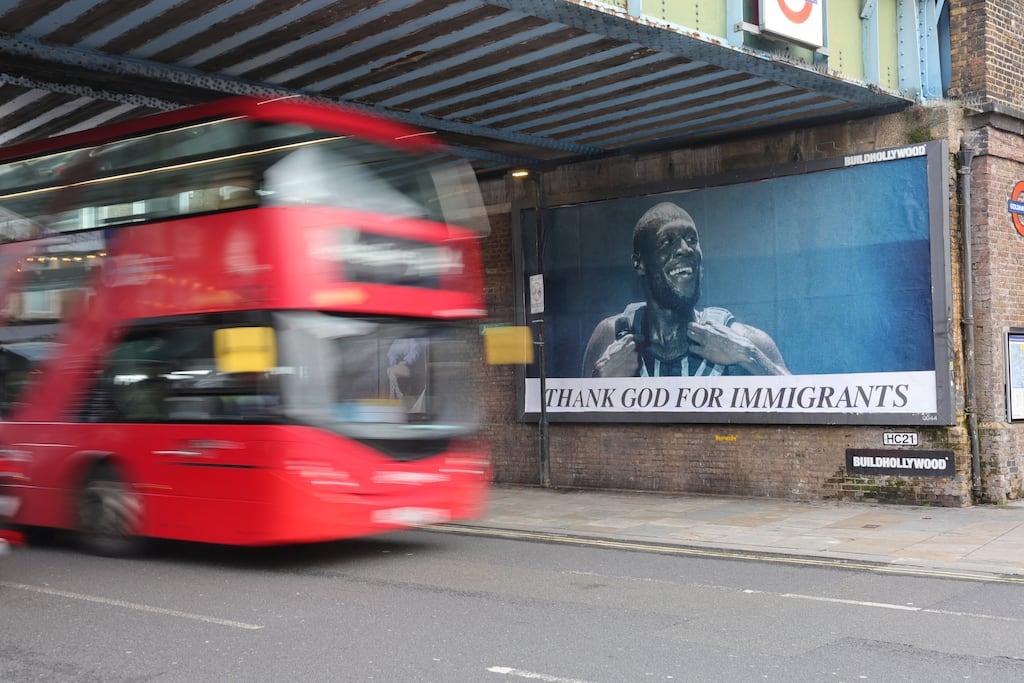 A bus is driven past a billboard featuring an image of British rapper Stormzy in London. Photograph: Toby Shepheard/AFP/via Getty Images