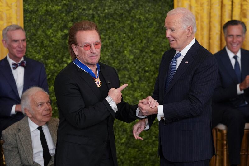 Bono receives the Presidential Medal of Freedom from US president Joe Biden at the White House in Washington DC last weekend. Photograph: Chris Kleponis/AFP/Getty