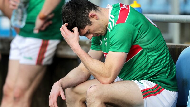 Mayo’s Conor Loftus dejected after their loss to Tyrone at Elverys MacHale Park in Castlebar on Sunday. Photograph: Laszlo Geczo/Inpho