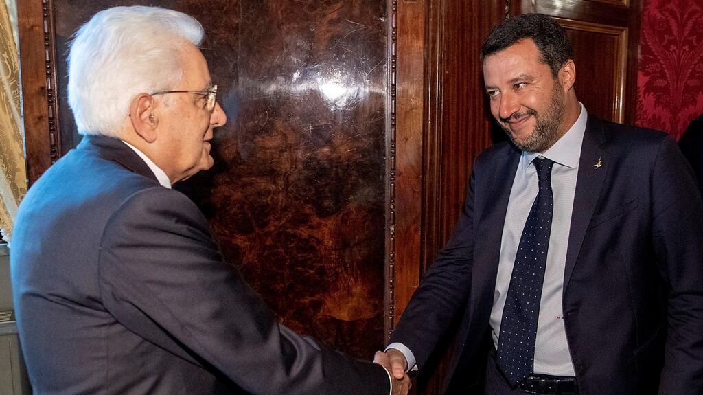 Italian president Sergio Mattarella, left, meets League leader Matteo Salvini in Rome. Photograph: Paolo Giandotti/Presidential Palace/Handout via Reuters