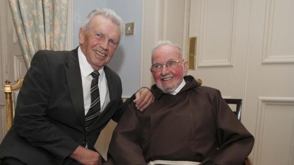 Footballer John Giles and Capuchin Brother Kevin Crowley who has been providing food for Dublin’s poor for half a century received the Honorary Freedom of the City of Dublin on Saturday. Photograph: Collins