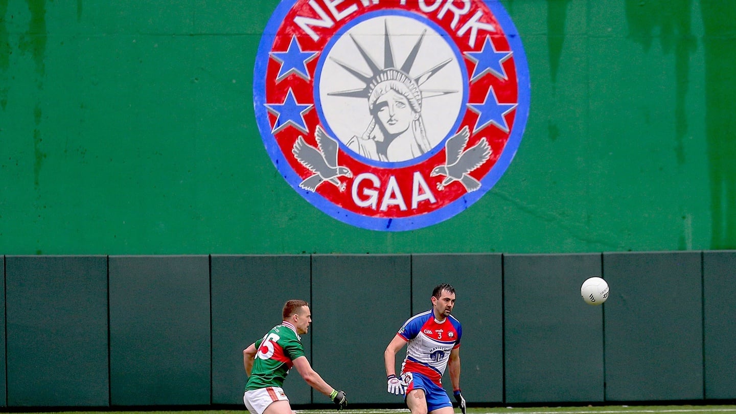 Connacht GAA Football Senior Championship quarter final in Gaelic Park in New York in May 2019. Mayo’s Andy Moran and Gerard McCartan of New York. Photograph: ©INPHO/Andy Marlin