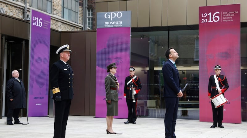 Taoiseach Leo Varadkar takes part in the Annual 1916 Easter Commemoration in the GPO in Dublin. In his Easter message, Mr Varadkar said the country would face some of its darkest days in the weeks ahead as a result of the pandemic. Photograph: Leon Farrell/ Photocall Ireland