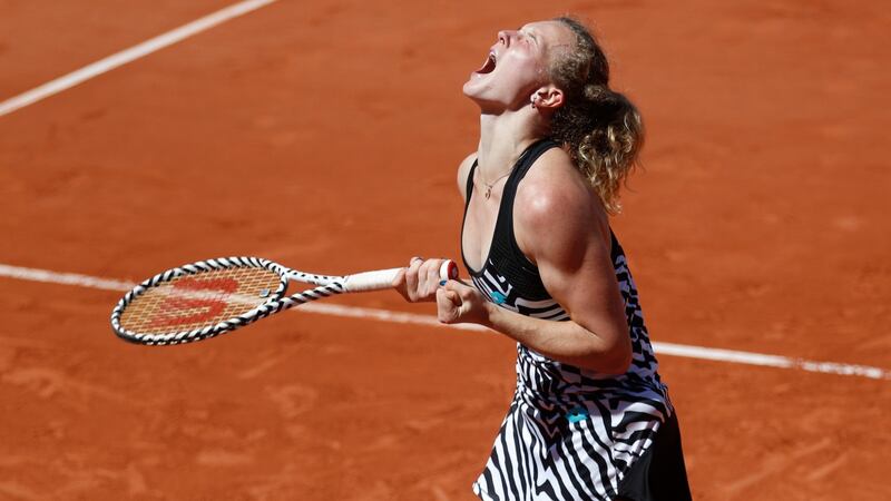 Katerina Siniakova celebrates wher victory over Japan’s Naomi Osaka. Photograph: Vincent Kessler/Reuters