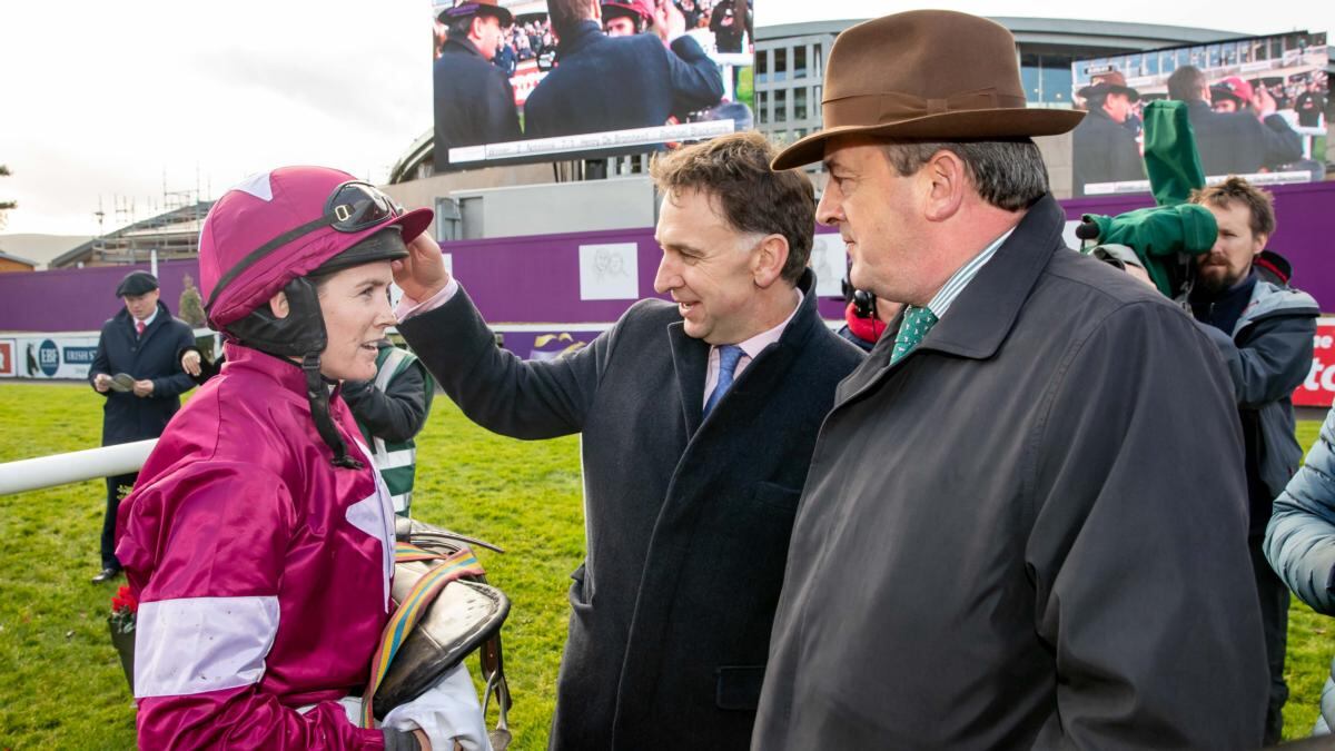 Rachael Blackmore talks with trainer Henry de Bromhead and owner Eddie O’Leary after Notebook’s win in The Racing Post Novice Steeplechase at Leopardstown on St Stephen’s Day. Photograph:  Morgan Treacy/Inpho