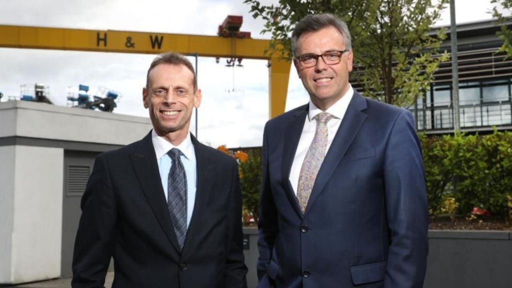 Fieldfisher managing partner Michael Chissick with Invest NI chief executive Alistair Hamilton at Thursday’s jobs announcement in Belfast.