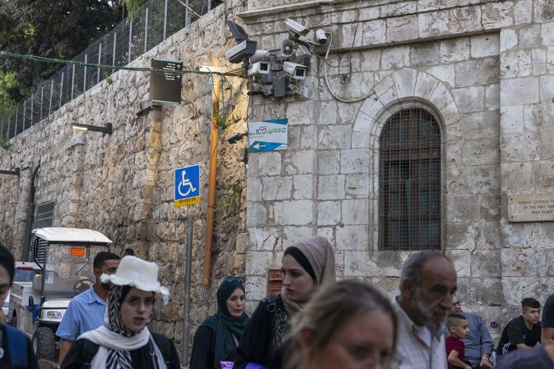 Security surveillance cameras in Jerusalem's Old City in September 2023. The Israeli government in September endorsed a Bill to allow the police to place facial recognition cameras in public spaces. Photograph: Menahem Kahana/AFP/Getty