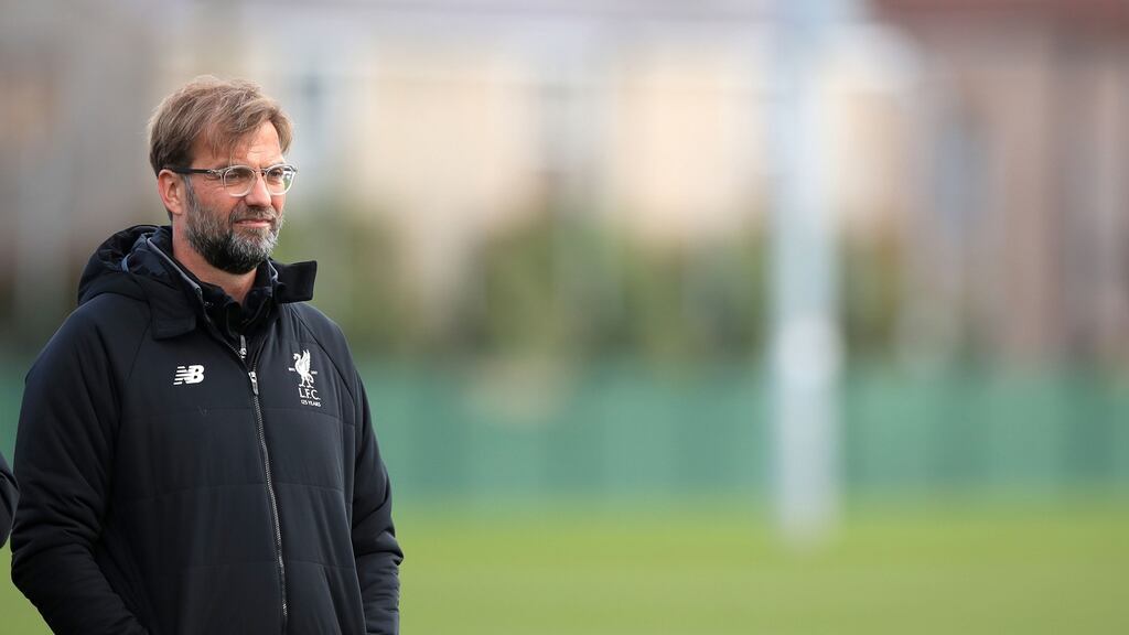 Liverpool manager Jürgen Klopp during a training session as his team prepares to meet Manchester City. Photograph: Peter Byrne/PA Wire