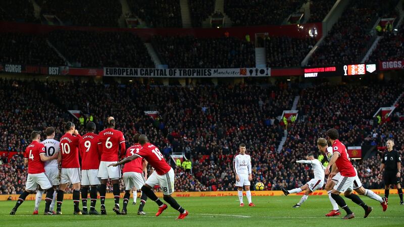 Steven Defour of Burnley scores his team’s second goal at Old Trafford. Photograph: Alex Livesey/Getty Images