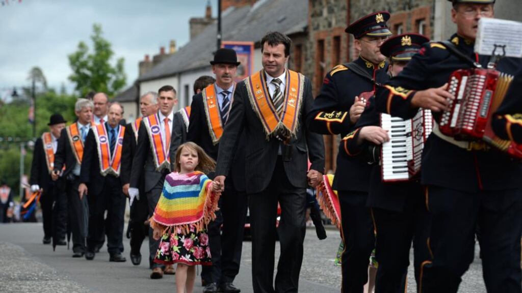 The Twelfth of July demonstration in Markethill, Co Armagh, on Saturday. Photograph: Dara Mac Dónaill