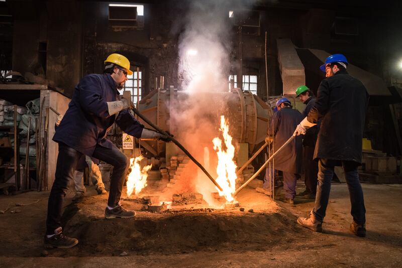 Bell makers Pasquale and Ettore Marinelli of La Pontificia Fonderia Marinelli. The oldest bell foundry in the world. Photographer: Danilo Di Nucci