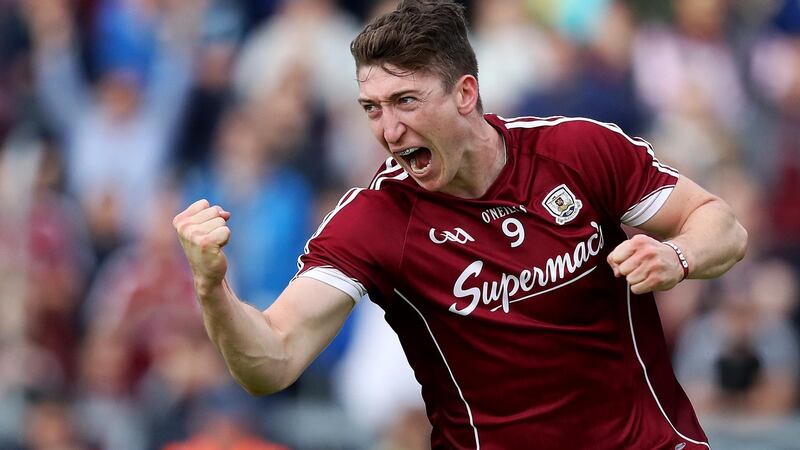 Galway’s Johnny Heaney celebrates one of his two goals in the qualifier rout of Donegal. Photograph: Tommy Dickson/Inpho