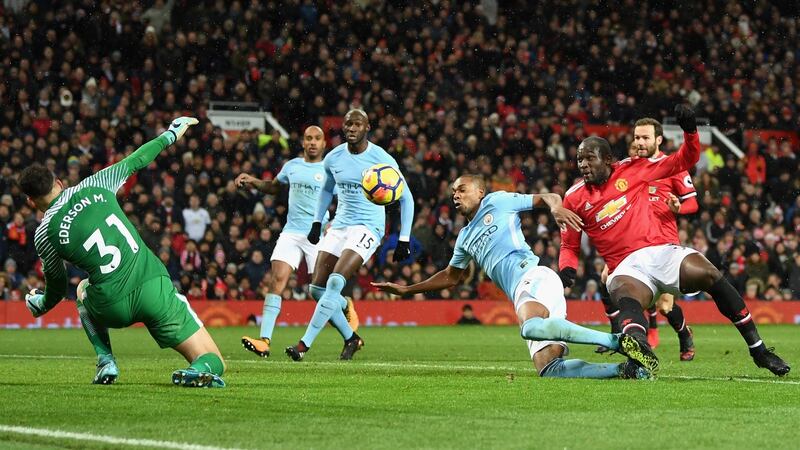Romelu Lukaku misses a golden chance to equalise for Manchester United. Photograph: Michael Regan/Getty